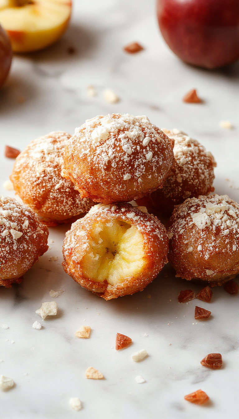 Golden crispy air-fried apple fritters served on a white plate with a side of caramel sauce.