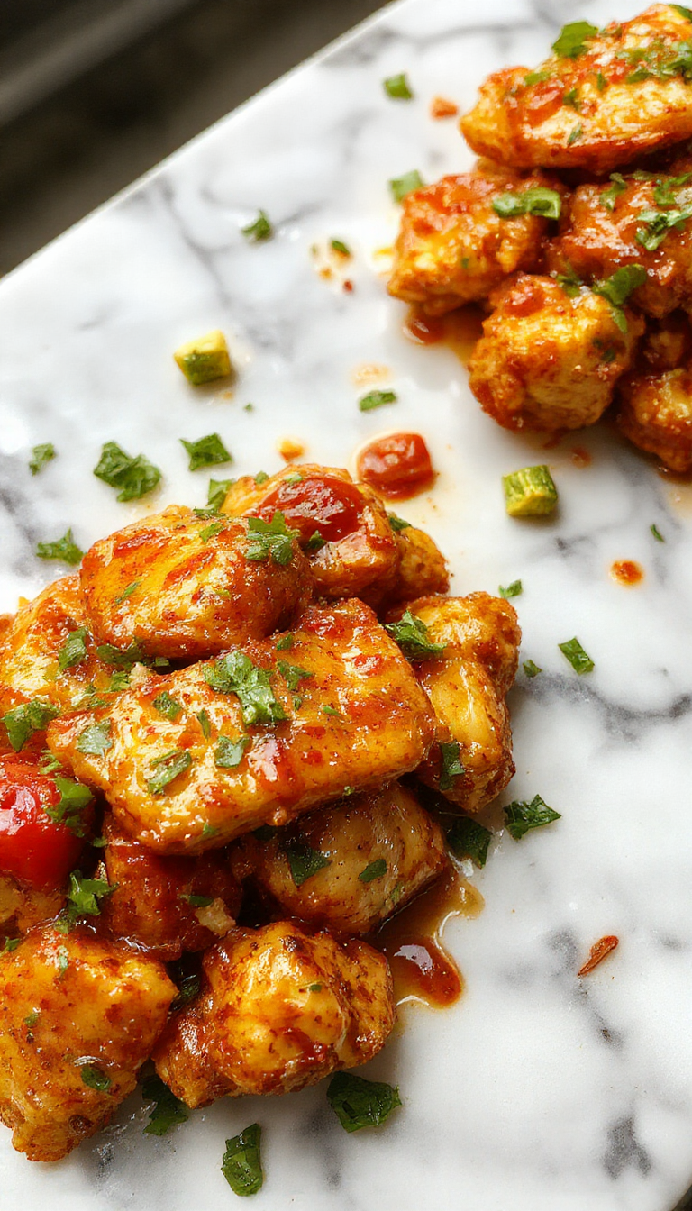 A plate of Asian Sweet Chili Chicken garnished with fresh herbs and served with steamed rice
