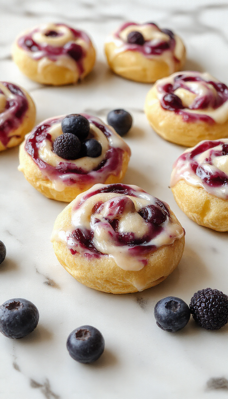 Close-up of Blissful Swirled Blueberry Bites arranged on a white plate, showcasing their vibrant blue and purple swirls.
