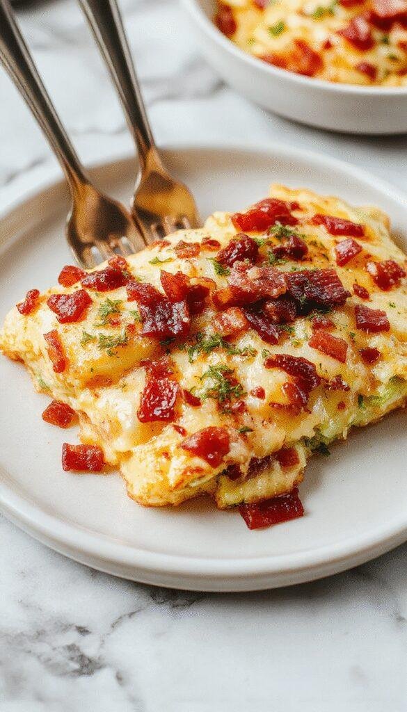 Bowl of Cheesy Bacon Delight Casserole with crispy bacon, melted cheese, and fresh herbs on top