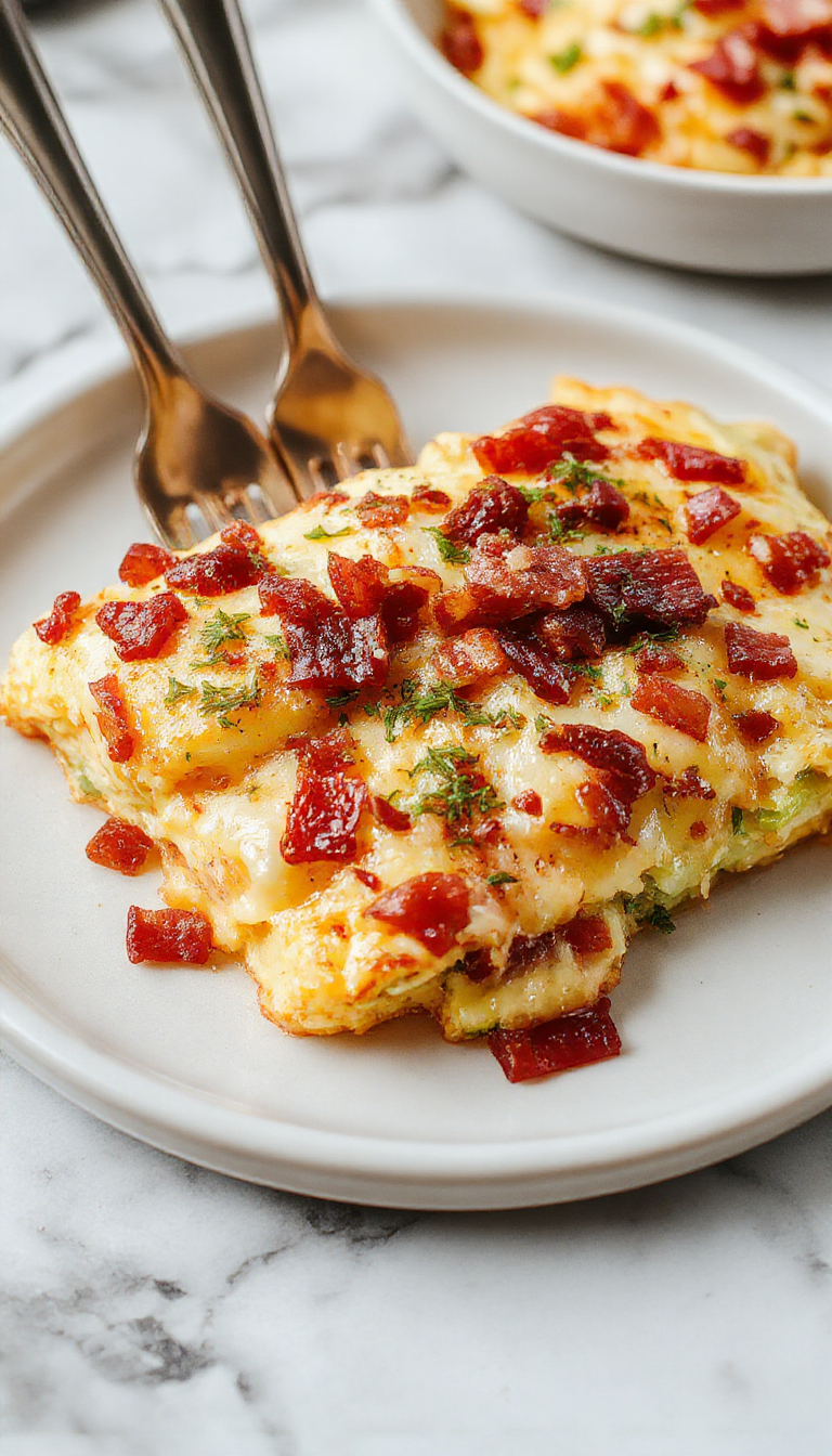 Bowl of Cheesy Bacon Delight Casserole with crispy bacon, melted cheese, and fresh herbs on top