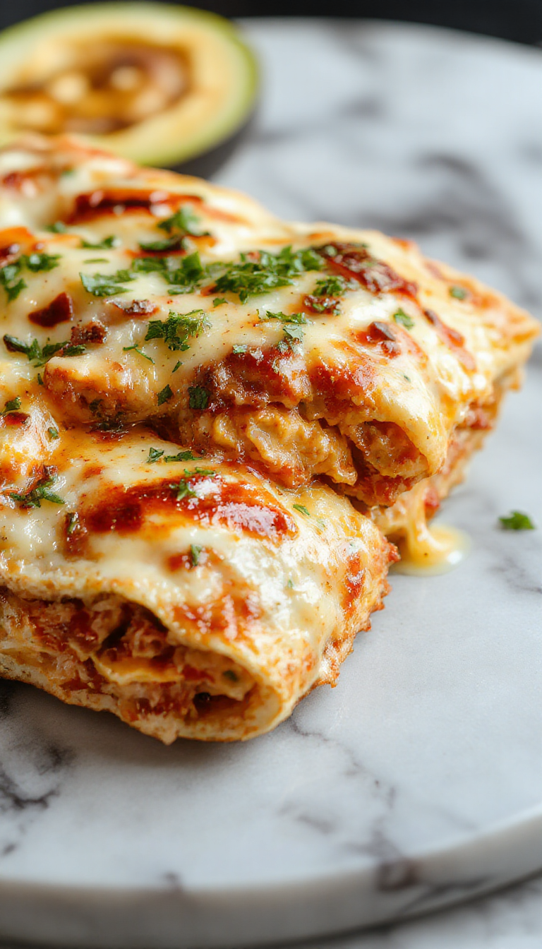 A delicious Cheesy Chicken Burrito Bake served in a baking dish topped with melted cheese and fresh cilantro.