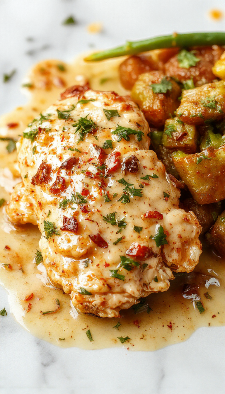 A plate of creamy Cajun herb chicken garnished with fresh herbs and spices, served with vegetables on a rustic wooden table.