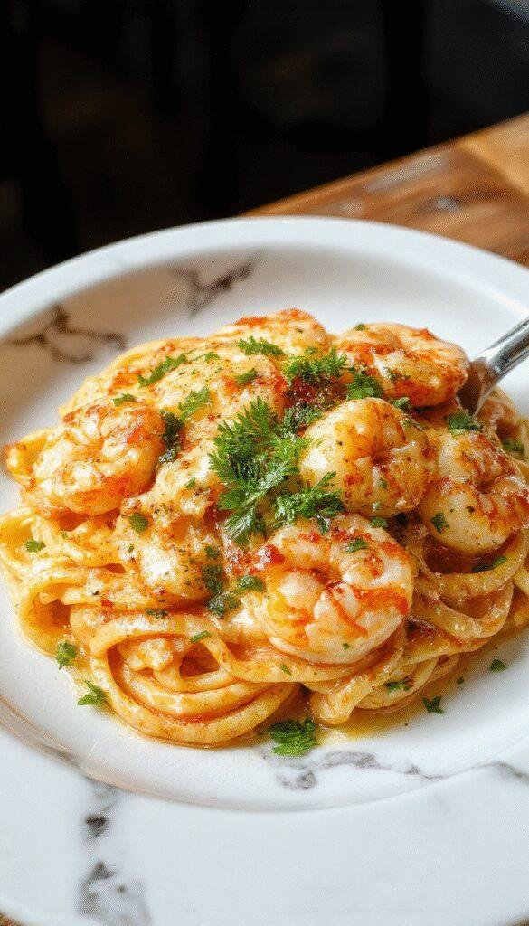 A plate of creamy garlic shrimp pasta garnished with fresh parsley and lemon wedges, steaming hot and ready to serve.