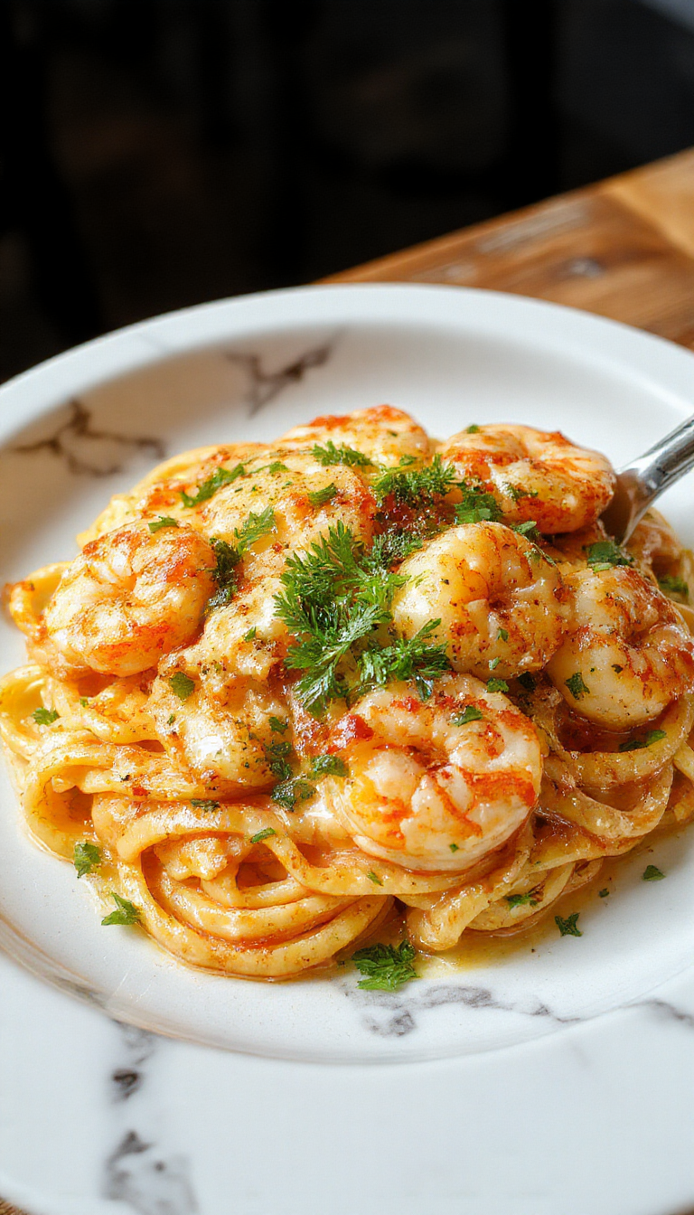 A plate of creamy garlic shrimp pasta garnished with fresh parsley and lemon wedges, steaming hot and ready to serve.