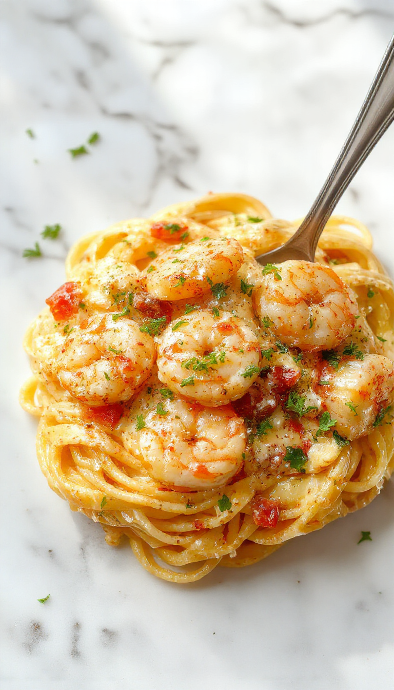 A bowl of creamy garlic shrimp pasta garnished with fresh herbs on a rustic wooden table