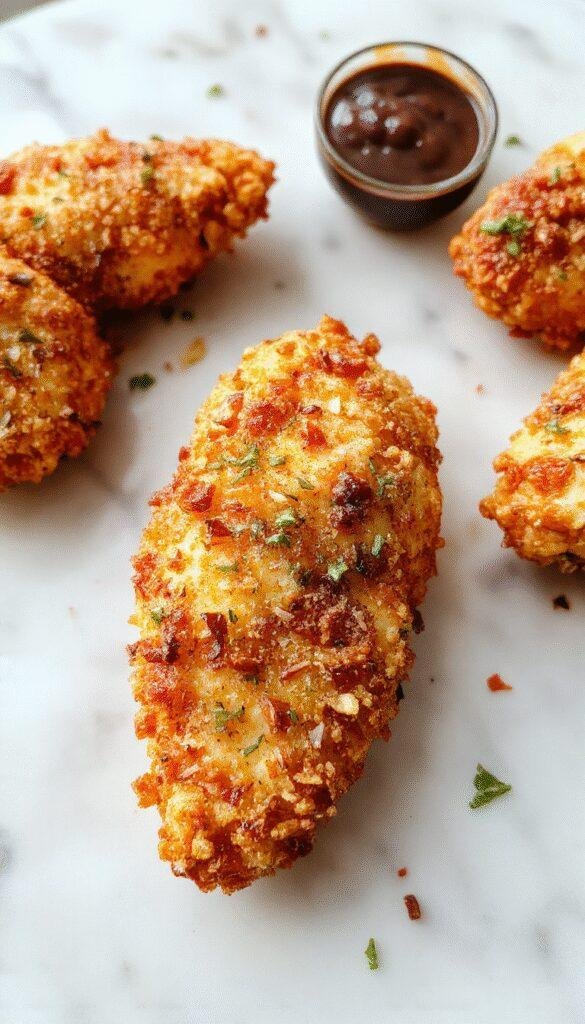 Golden crispy chicken tenders arranged on a plate with dipping sauces