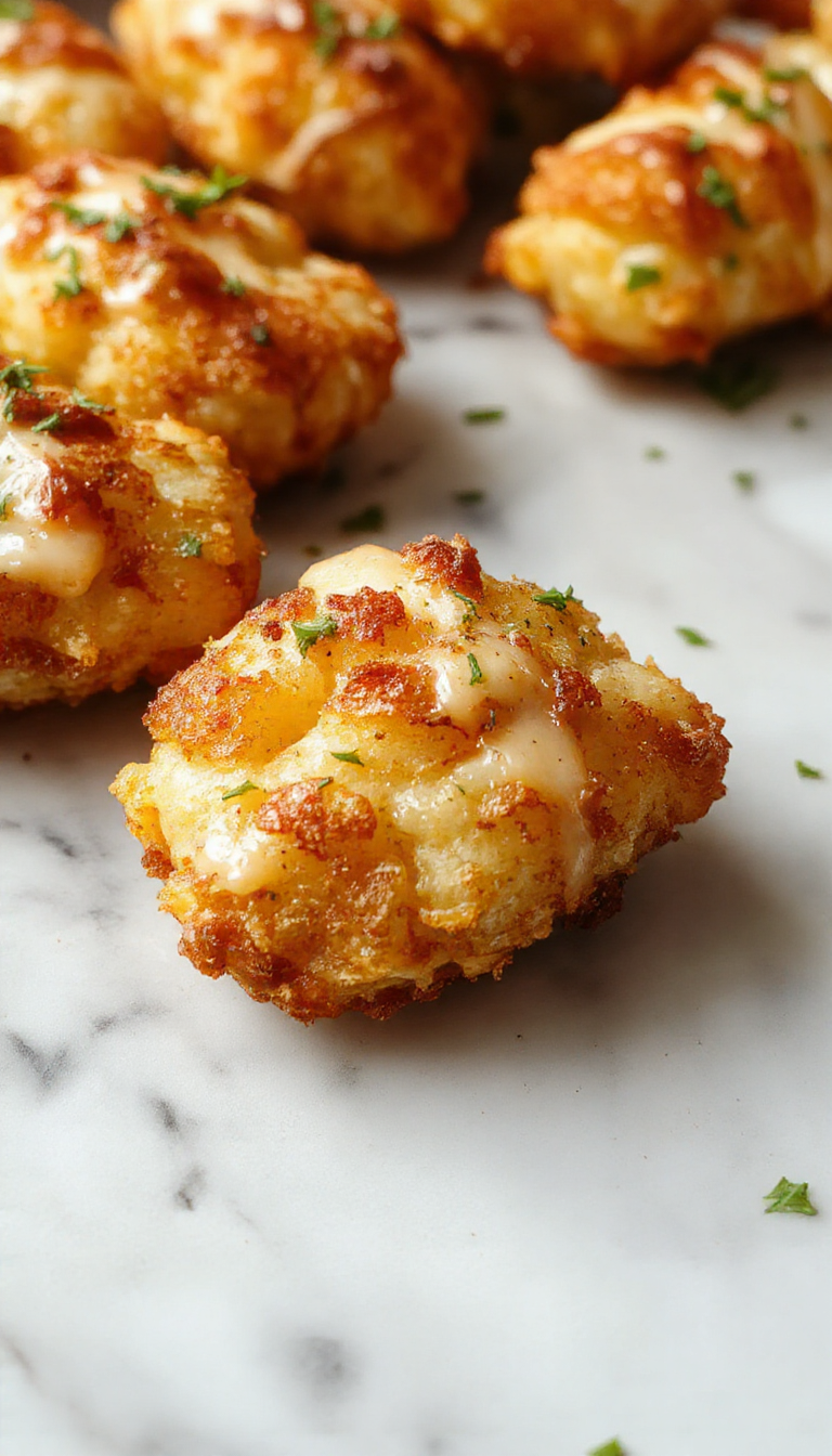 A crispy golden Tater Tot Bake in a baking dish garnished with fresh herbs
