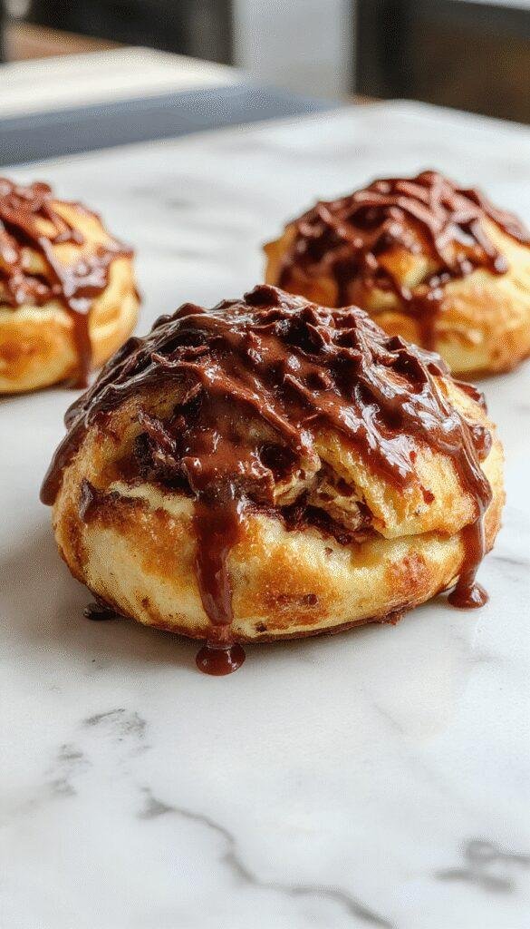 A freshly baked chocolate croissant bake in a rustic dish with melted chocolate and flaky layers, ready to serve.