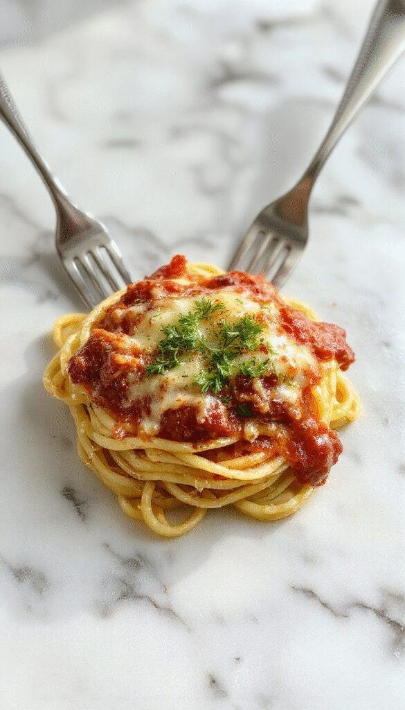 A creamy baked spaghetti casserole topped with melted cheese and fresh herbs, showcasing a golden, crispy crust.