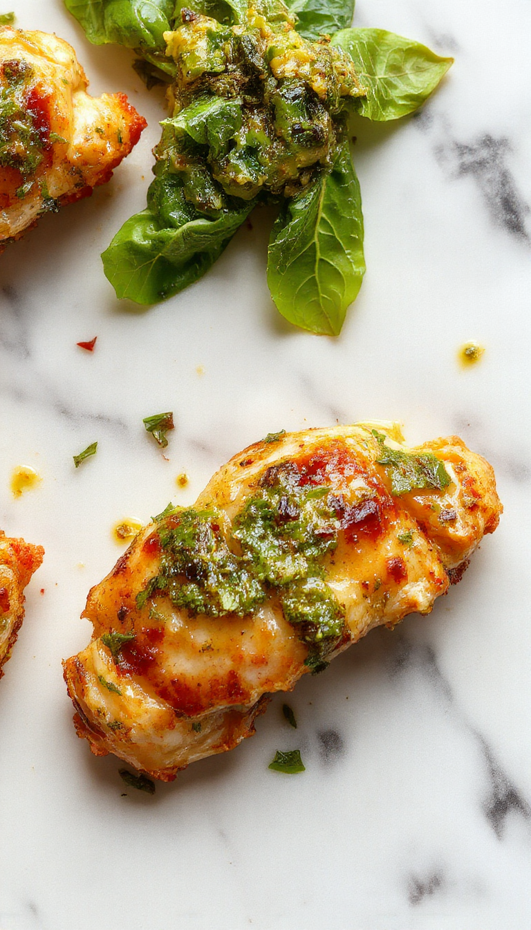 A plate of creamy pesto chicken garnished with fresh basil and parmesan cheese on a rustic wooden table