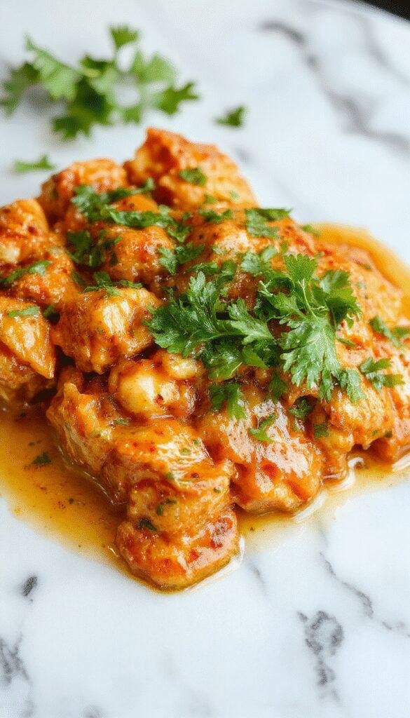 A delicious plate of creamy butter chicken garnished with fresh cilantro on a white dish.