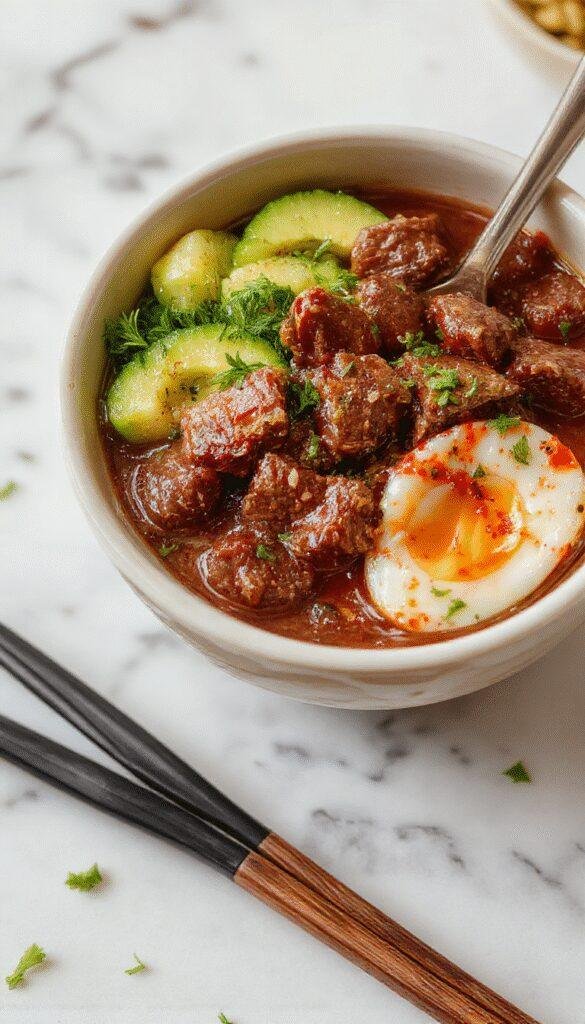 A vibrant bowl filled with seasoned Korean ground beef, steamed rice, fresh vegetables, and garnished with green onions and sesame seeds