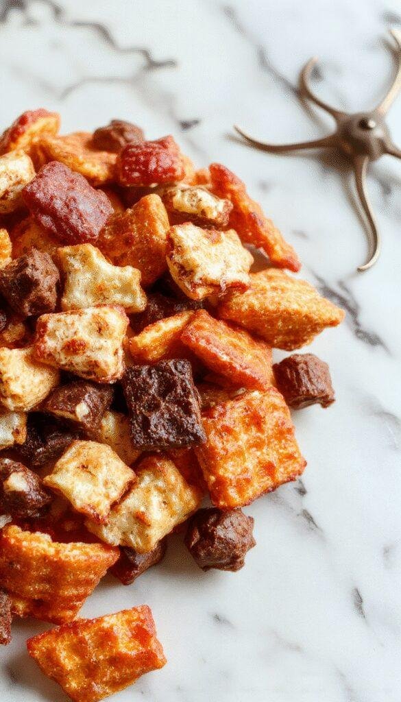 Colorful Halloween trail mix featuring spooky-themed candies, nuts, and orange and black snacks in a festive bowl.