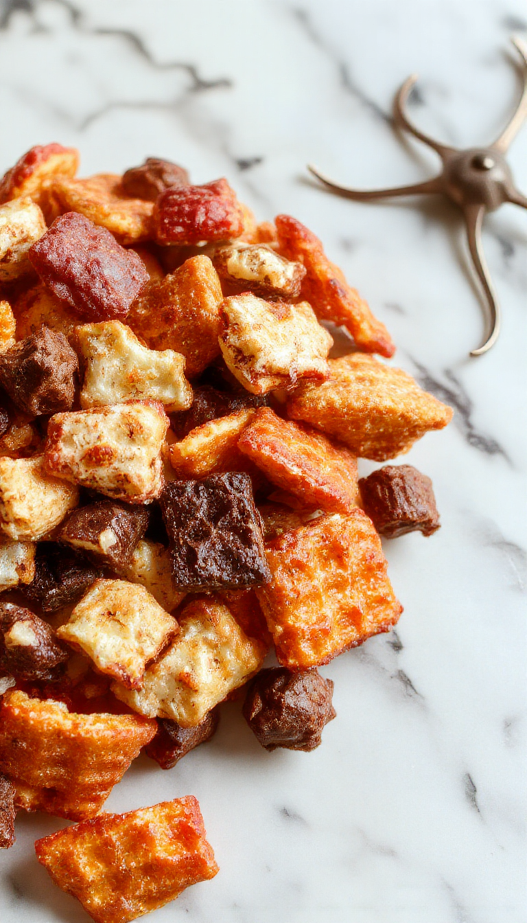 Colorful Halloween trail mix featuring spooky-themed candies, nuts, and orange and black snacks in a festive bowl.