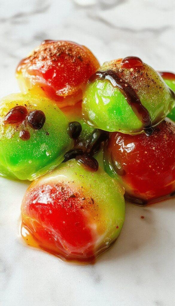 Colorful eyeball-shaped gelatin treats with creepy candelabra backdrop for Halloween fun.