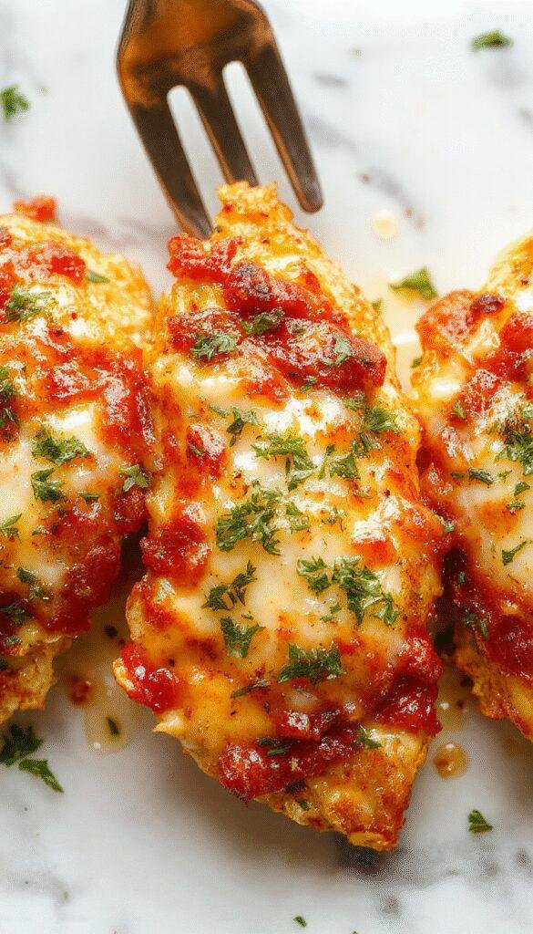 Golden baked Chicken Parmesan topped with melted cheese and marinara sauce on a rustic plate.