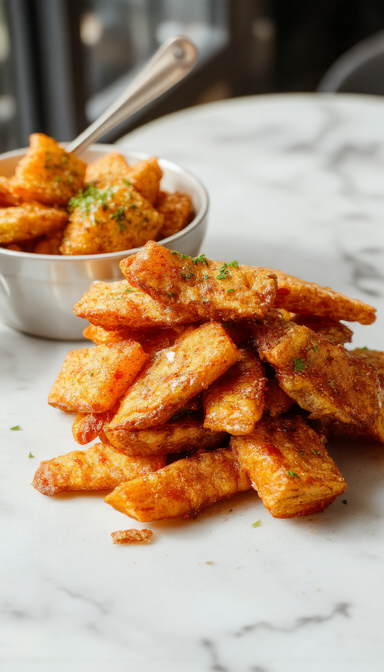 Golden crispy oven-baked sweet potato fries served on a rustic wooden platter
