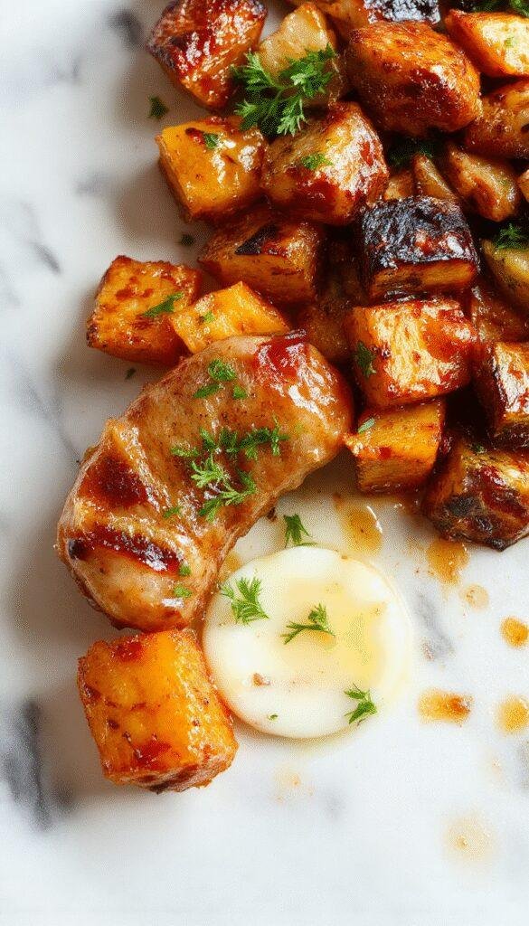 A sizzling skillet featuring golden honey garlic sausage with roasted sweet potatoes and fresh herbs