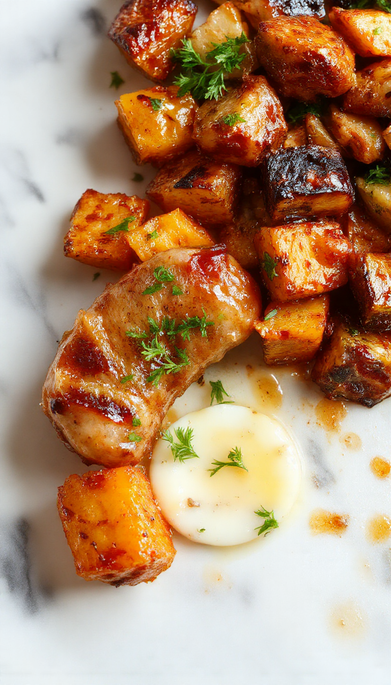A sizzling skillet featuring golden honey garlic sausage with roasted sweet potatoes and fresh herbs