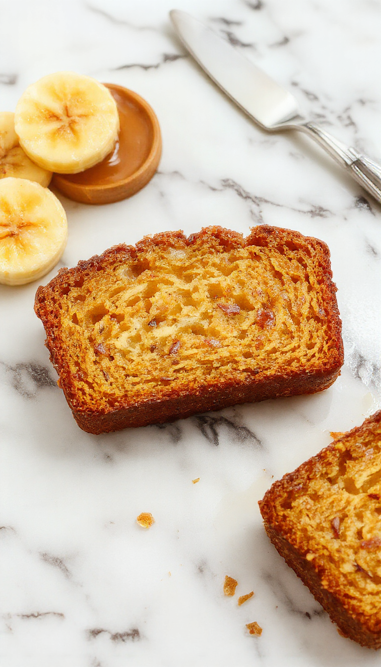Golden Honey Vanilla Banana Bread sliced on a wooden plate, showing its fluffy texture and golden crust.