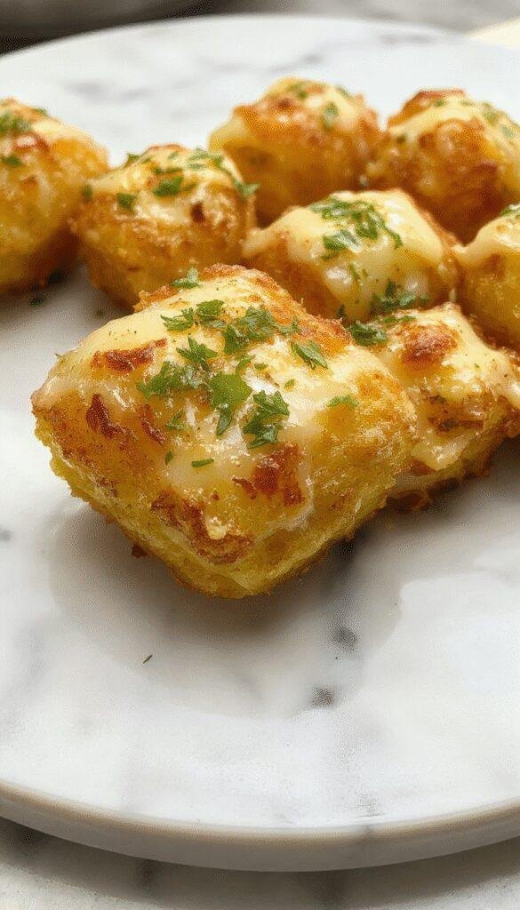 A crispy golden Tater Tot casserole layered with cheese and savory ingredients in a baking dish.