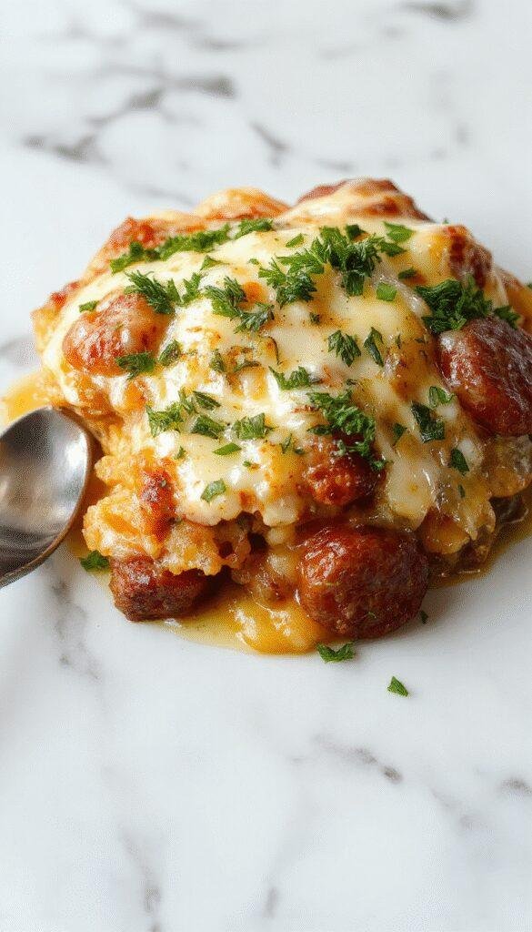 A golden-baked casserole featuring crispy potato slices, melted cheese, smoky sausage chunks, and creamy ranch sauce, garnished with fresh herbs.