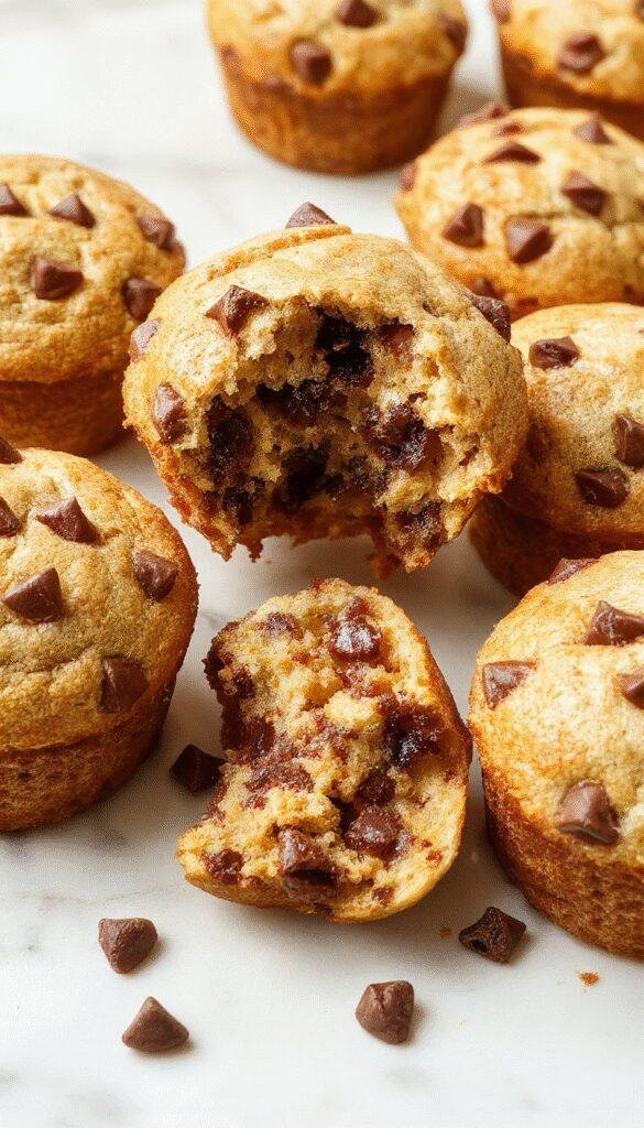 Freshly baked Heavenly Banana Chocolate Chip Muffins with golden tops and gooey chocolate chips.