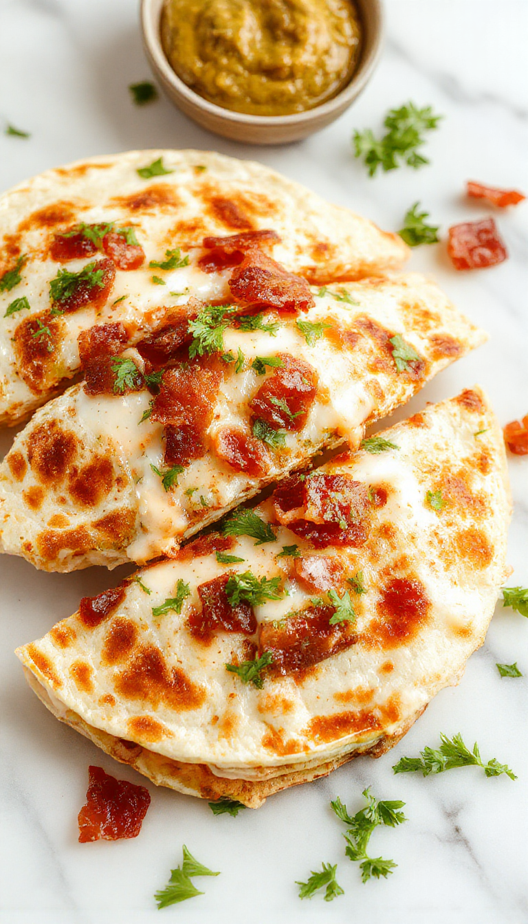 A plate of golden Chicken Bacon Ranch Quesadillas with melted cheese and crispy bacon on top.