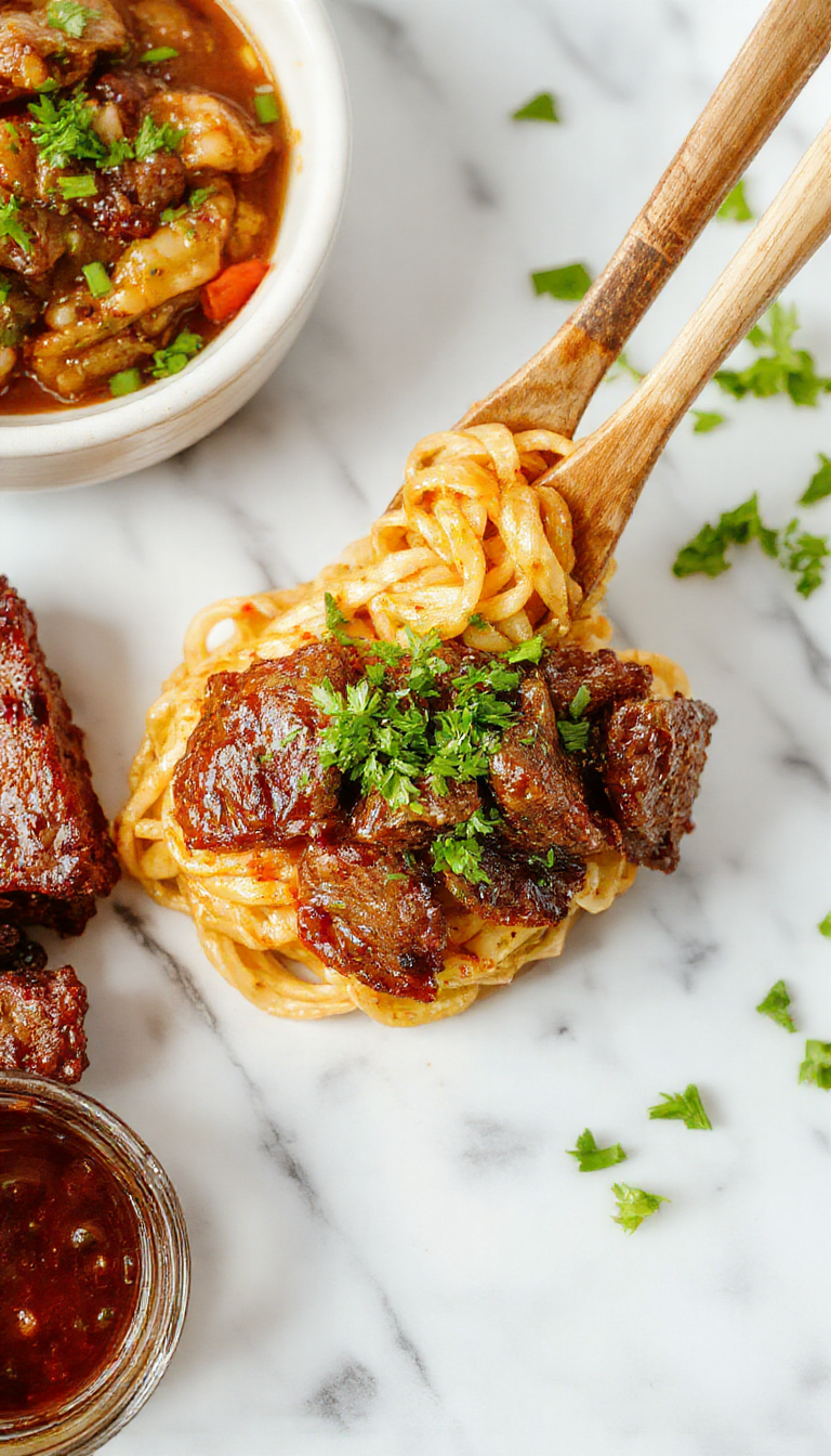A bowl of glossy glazed beef noodles garnished with green onions and sesame seeds