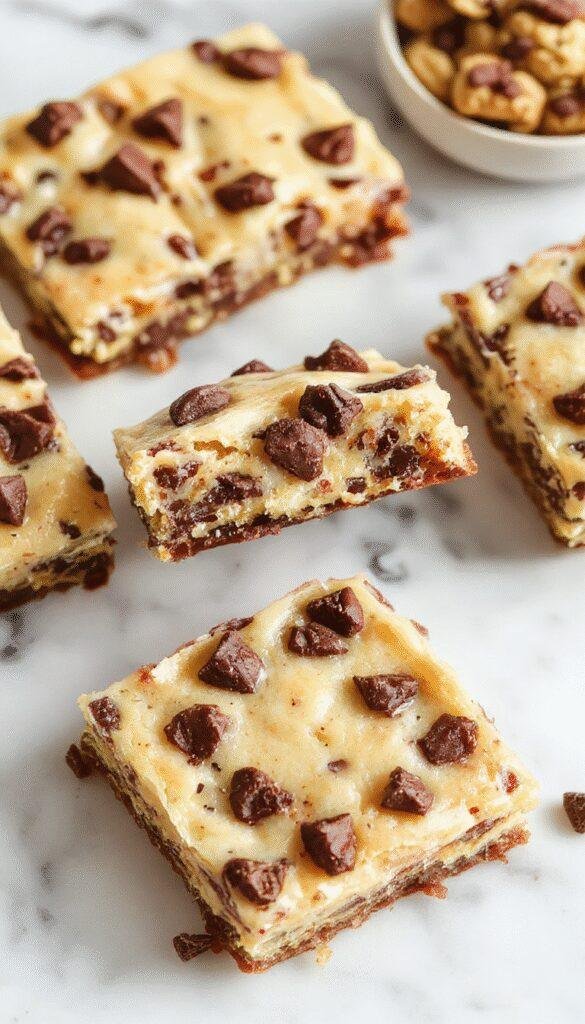 Vegan No-Bake Cookie Dough Dream Bars with chocolate chips on a wooden tray