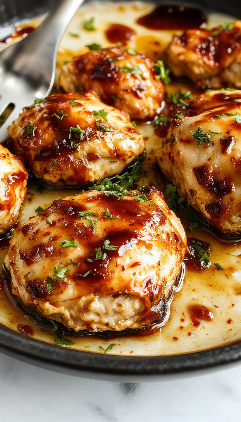 Juicy Balsamic Chicken garnished with fresh herbs on a rustic skillet