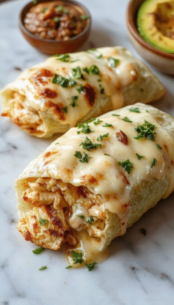 Close-up of sizzling cheesy garlic chicken wraps filled with melted cheese and fresh herbs on a rustic plate.