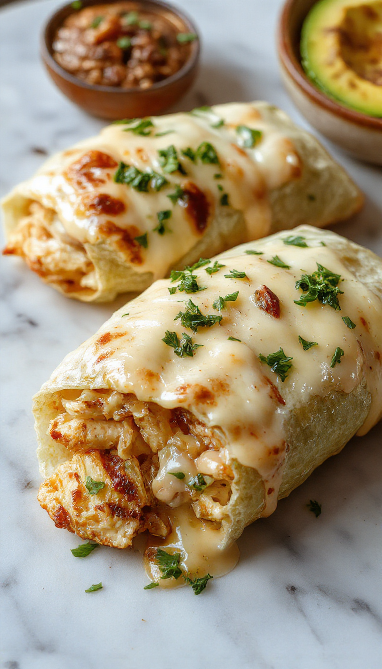 Close-up of sizzling cheesy garlic chicken wraps filled with melted cheese and fresh herbs on a rustic plate.