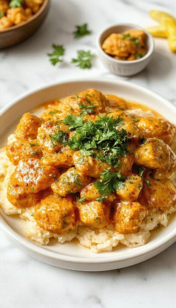 A vibrant plate of homemade butter chicken garnished with fresh cilantro and served with naan bread.
