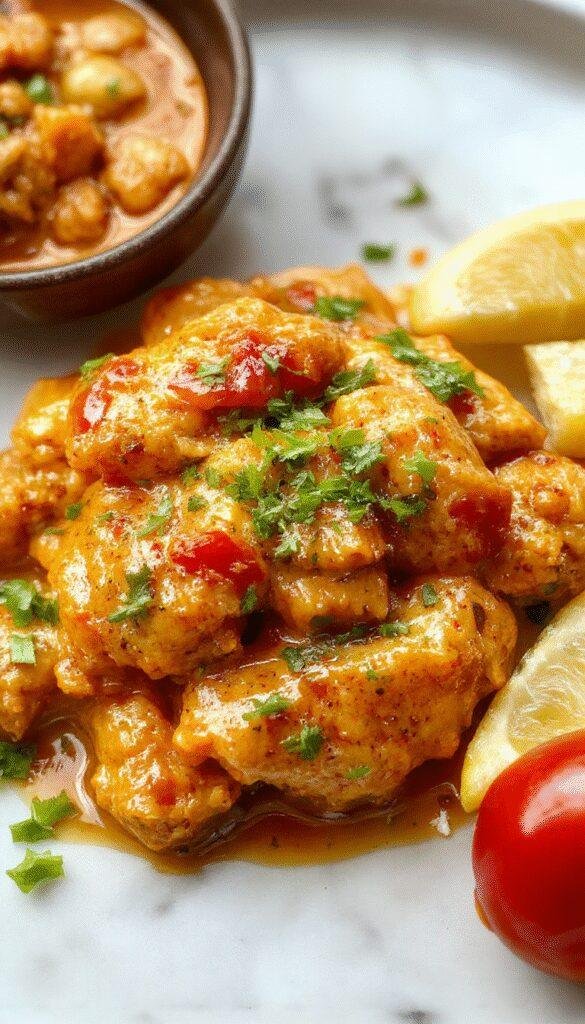 A sizzling plate of homemade butter chicken served with steamed rice and garnished with fresh cilantro.