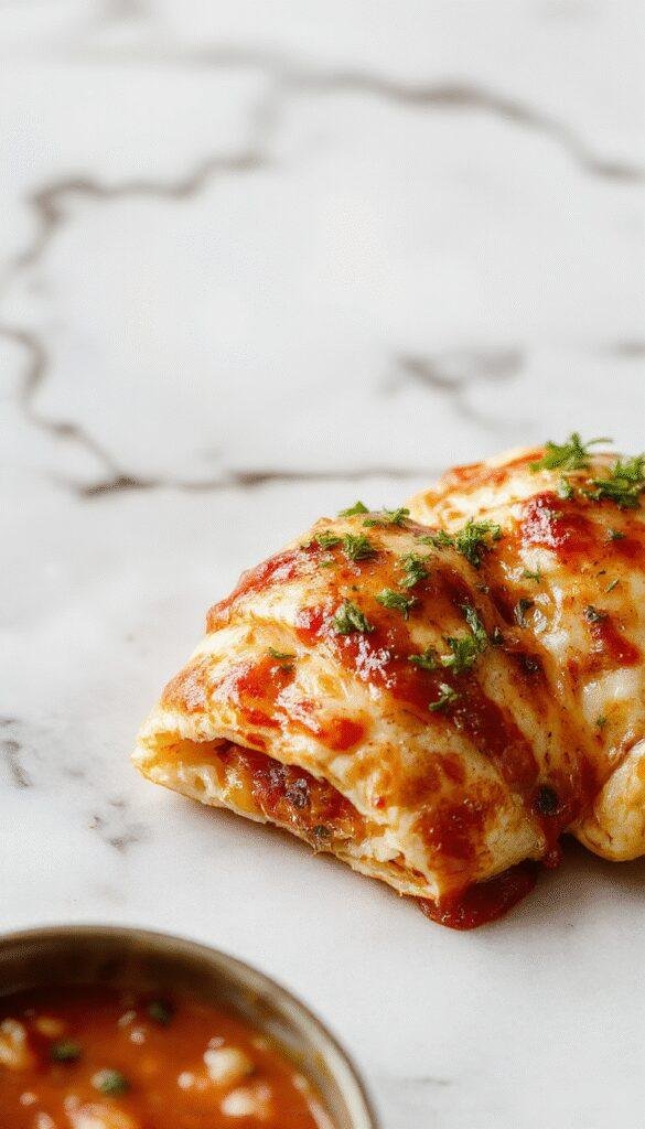 Close-up of smart pizza pockets filled with melted cheese and toppings, showing a crispy golden crust.