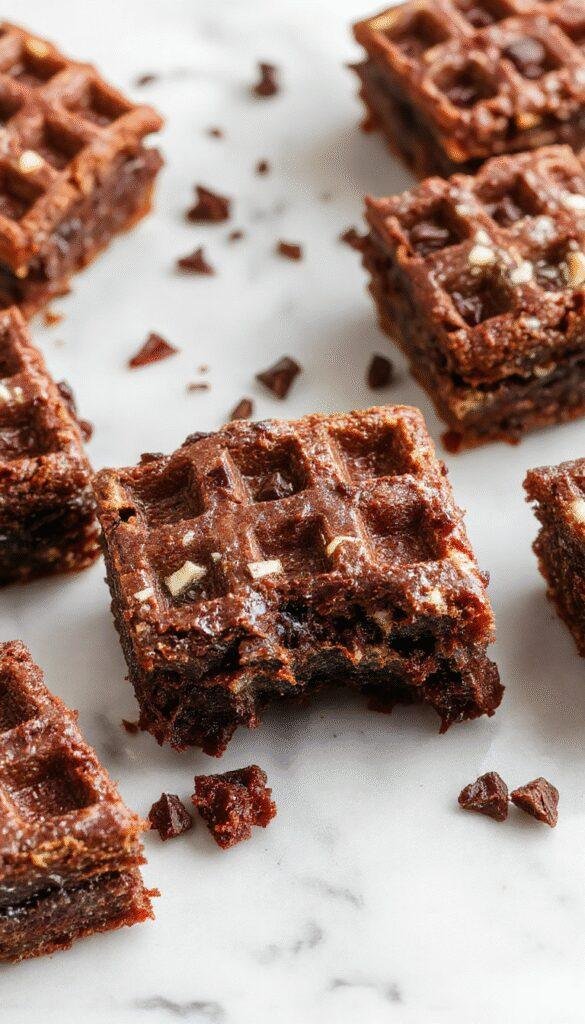 A crispy waffle with rich, fudgy brownie filling topped with chocolate drizzle and powdered sugar.
