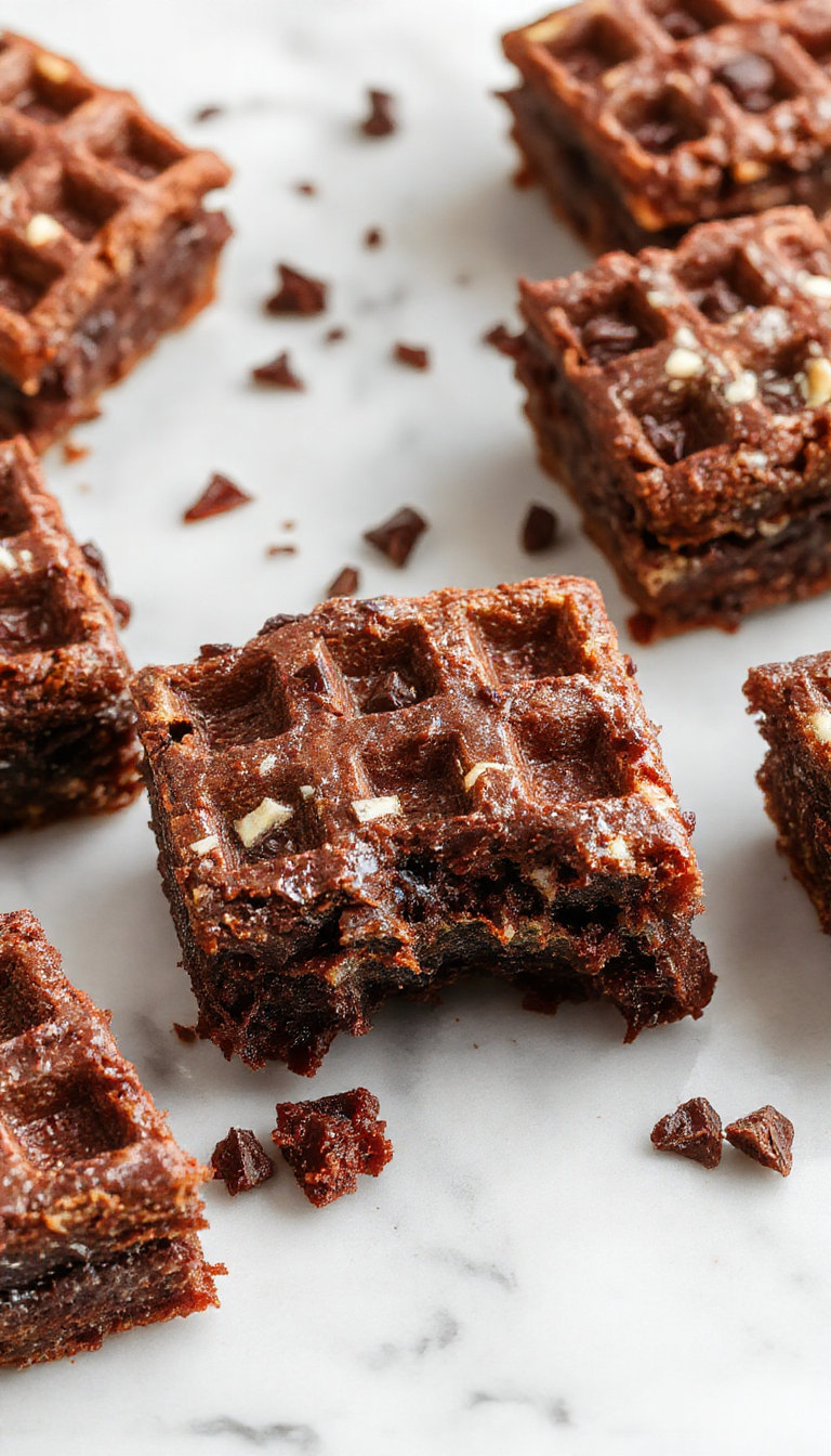 A crispy waffle with rich, fudgy brownie filling topped with chocolate drizzle and powdered sugar.