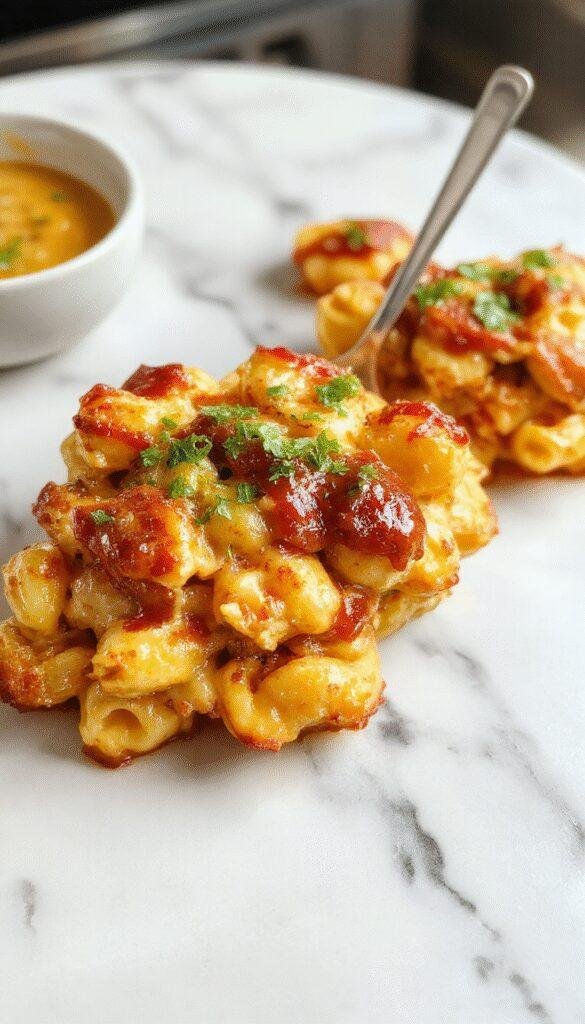 A bowl of creamy BBQ chicken mac and cheese garnished with fresh herbs and crispy topping.