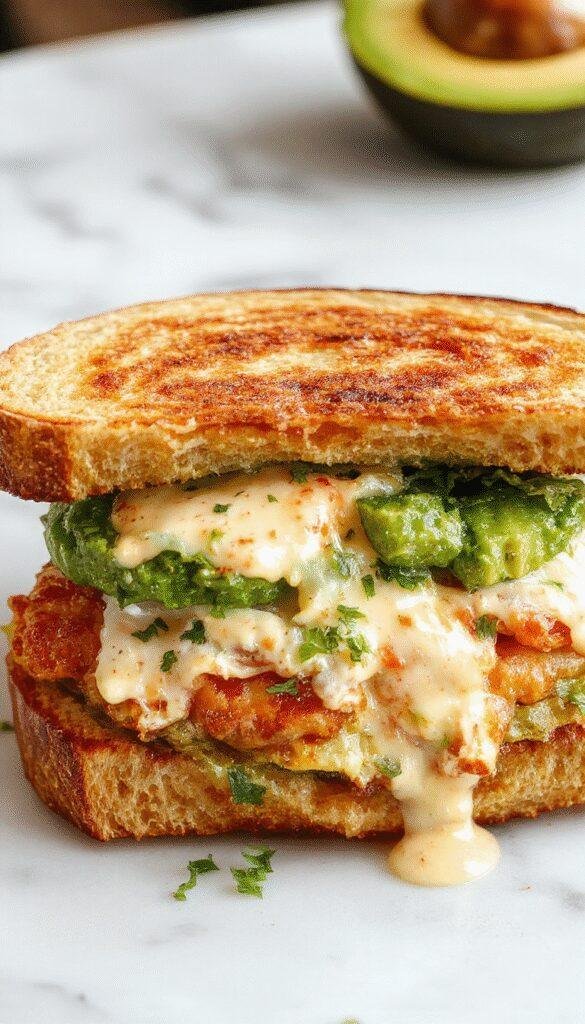 A delicious Chicken Avocado Melt sandwich with melted cheese, sliced avocado, and crispy toasted bread