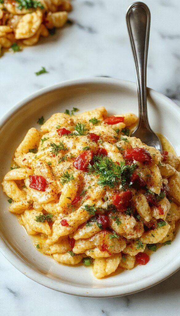 A plate of the ultimate orzo dinner garnished with fresh herbs and vegetables, showcasing a colorful and delicious meal.