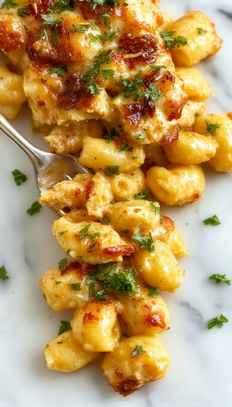 A steaming bowl of smoky tangy chicken mac and cheese topped with crispy bacon and scallions