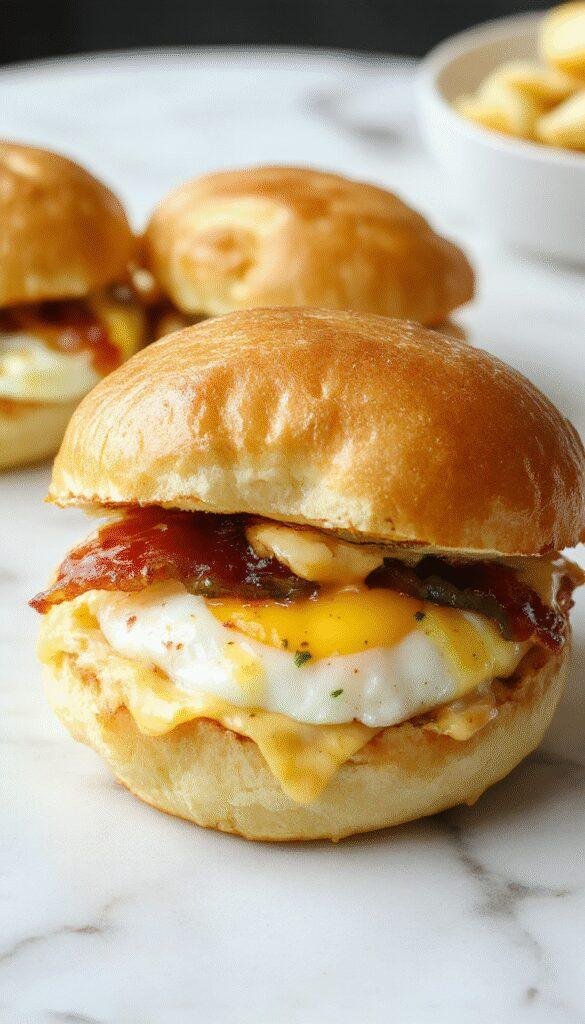 A close-up of savory bacon, scrambled eggs, and melted cheese layered inside mini slider buns.