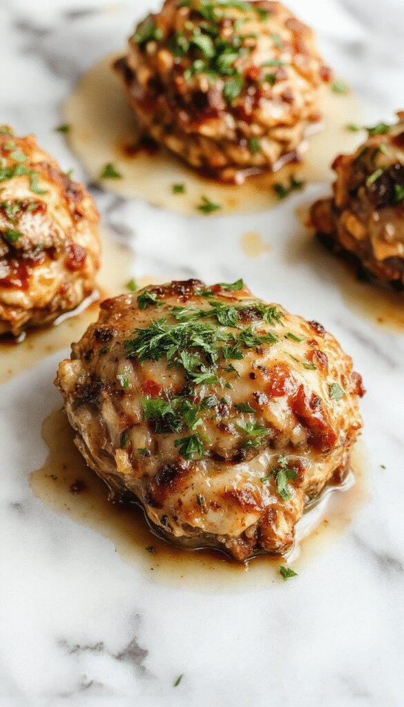 A plate of Velvety Mushroom Chicken garnished with fresh herbs, showcasing tender chicken in a rich mushroom sauce.