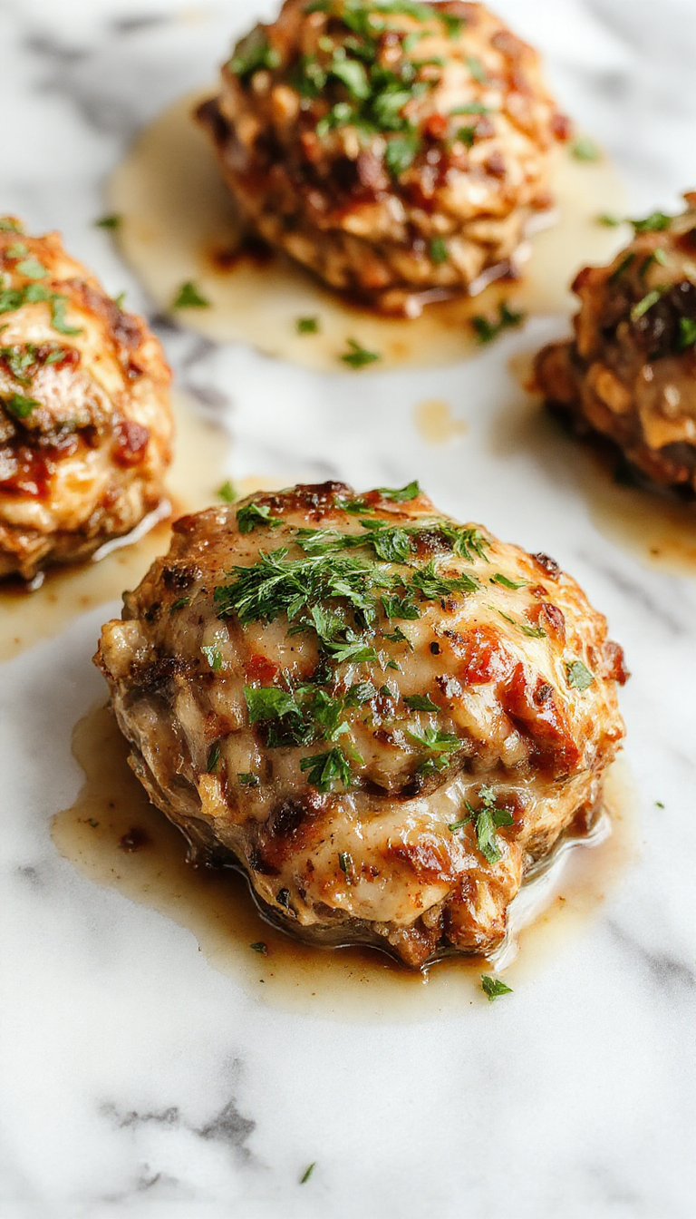 A plate of Velvety Mushroom Chicken garnished with fresh herbs, showcasing tender chicken in a rich mushroom sauce.