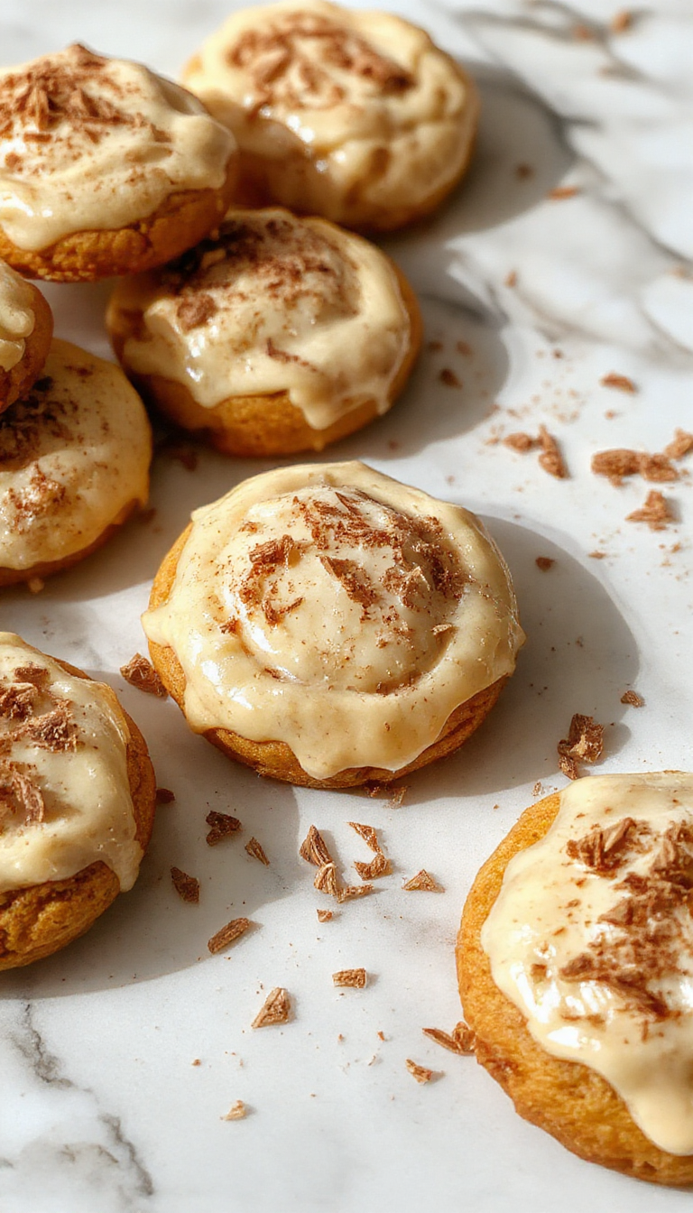 A close-up of a plate of freshly baked pumpkin cookies topped with warm cinnamon frosting, sprinkled with cinnamon powder.