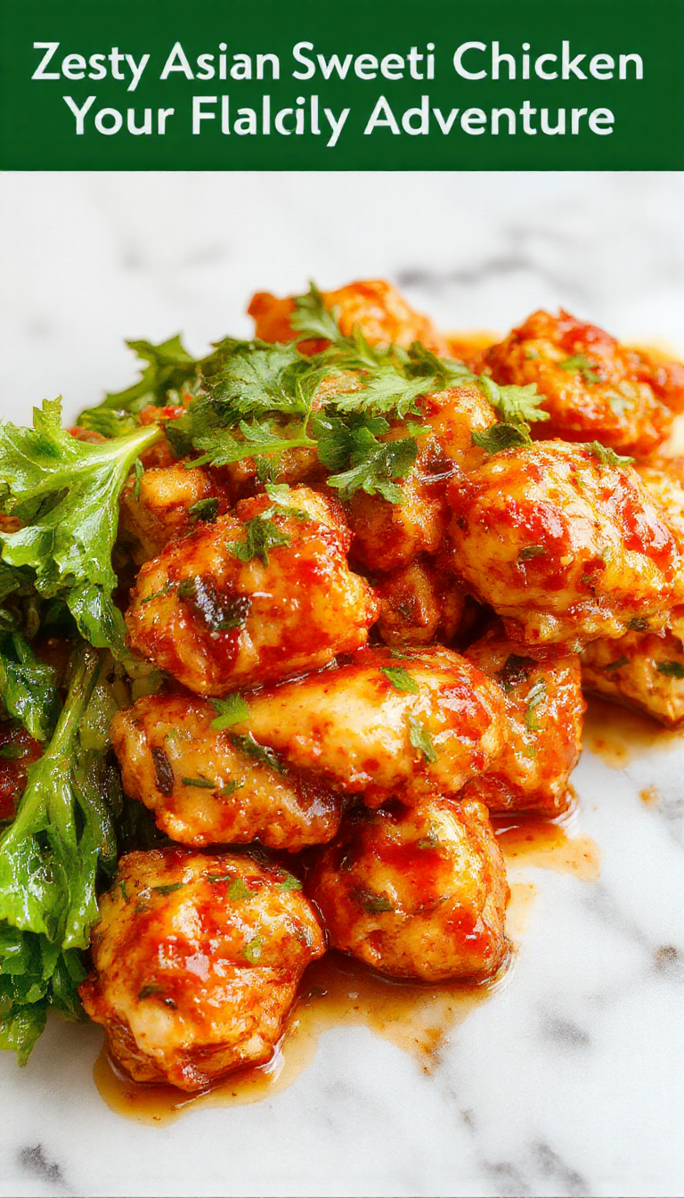 A plate of Zesty Asian Sweet Chili Chicken garnished with fresh herbs and sliced vegetables, showcasing a vibrant and flavorful dish.