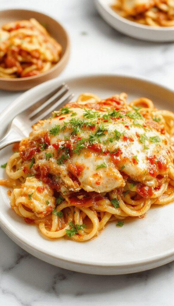 A hearty serving of Zesty Southern Comfort Chicken Spaghetti Bake in a rustic dish with melted cheese on top