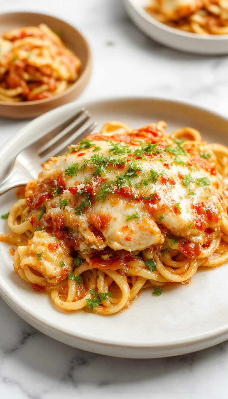 A hearty serving of Zesty Southern Comfort Chicken Spaghetti Bake in a rustic dish with melted cheese on top